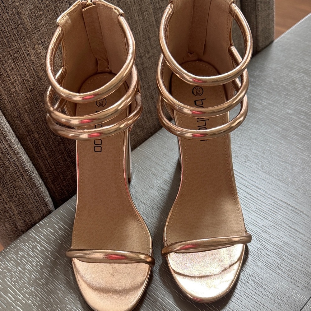Boohoo Metallic Rose Gold Strappy Ankle-Heel Sandals